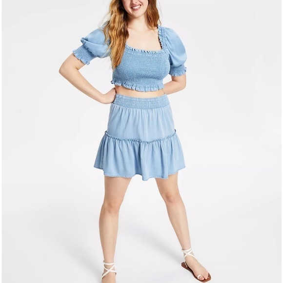 NWT Bar III Blue Smocked Crop Top - Picture 1 of 14
